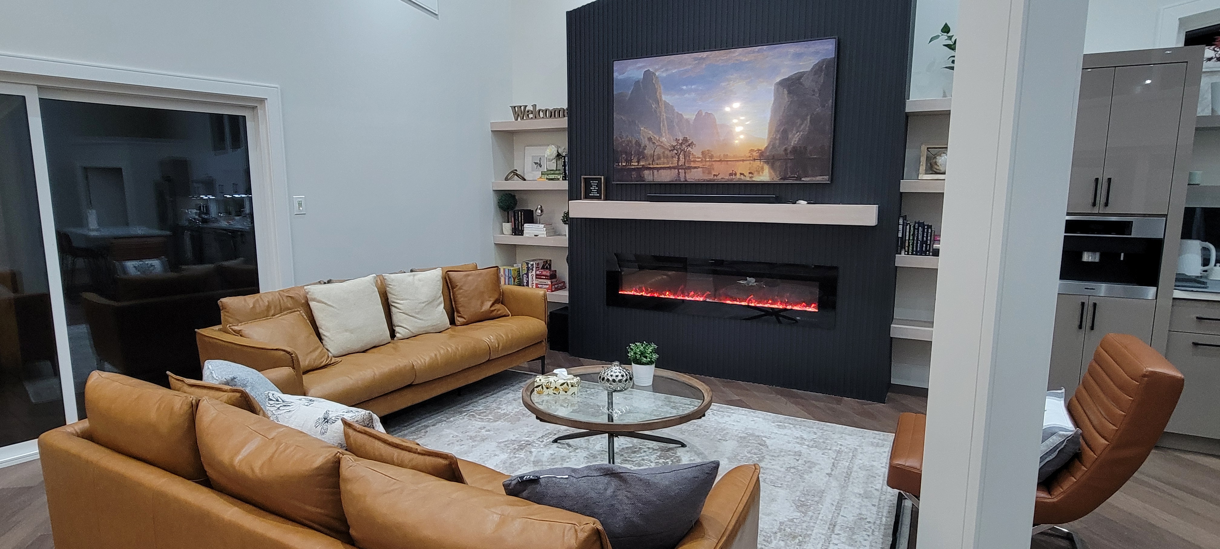 Bright living room with fireplace